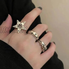 Hnewly Punk Pentagram Geometric Open Ring For Women Men Gothic Vintage Irregular Star Shape Hollow