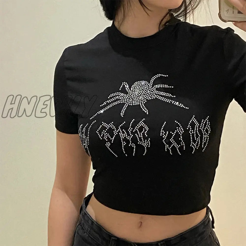 Hnewly Punk Vintage Rhinestone Spider Goth Graphic T Shirt Women Y2K Style Crop Top O-Neck Tshirt