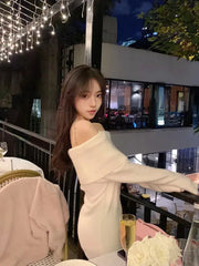 Hnewly Pure Color Elegant Knitted Dress Woman Bodycon Slim Y2K Mini Casual Party Korean Fashion