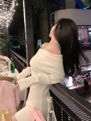 Hnewly Pure Color Elegant Knitted Dress Woman Bodycon Slim Y2K Mini Casual Party Korean Fashion