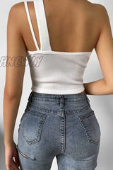 Hnewly - Pure Color Sexy Single Shoulder Strap Hollow Tops
