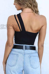 Hnewly - Pure Color Sexy Single Shoulder Strap Hollow Tops