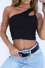 Hnewly - Pure Color Sexy Single Shoulder Strap Hollow Tops S / Black