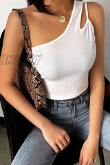 Hnewly - Pure Color Sexy Single Shoulder Strap Hollow Tops S / White