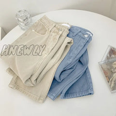 Hnewly Pure Jeans Women Retro Chic Loose Denim Trouser High Waisted All-Match Spring Schoolgirls