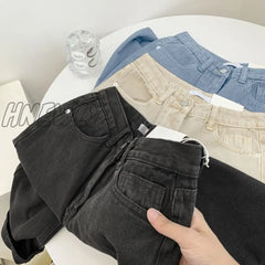 Hnewly Pure Jeans Women Retro Chic Loose Denim Trouser High Waisted All-Match Spring Schoolgirls