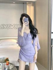 Hnewly Purple Fairy One Shoulder Dress Women New Summer Waist Design Chiffon Ruffled Gauze Skirt