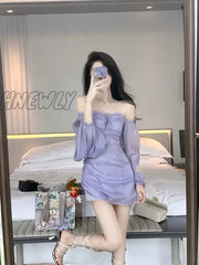 Hnewly Purple Fairy One Shoulder Dress Women New Summer Waist Design Chiffon Ruffled Gauze Skirt