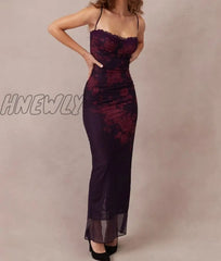 Hnewly Purple Print Sexy Long Fishtail Dress For Women Robe New Spaghetti Strap Sleeveless Backless