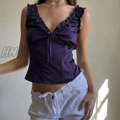 Hnewly Purple Satin Ruched Milkmaid Tops Fairy Y2K 00S Vintage Bow V Neck Tank Chic Cute Retro
