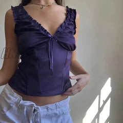 Hnewly Purple Satin Ruched Milkmaid Tops Fairy Y2K 00S Vintage Bow V Neck Tank Chic Cute Retro