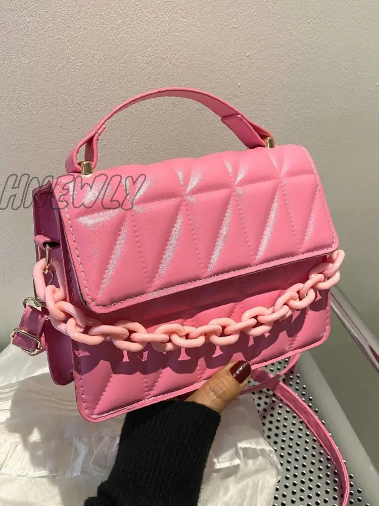 Hnewly - Quilted Chain Flap Square Bag Women Satchels Hot Pink Women-Satchels