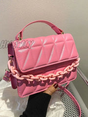Hnewly - Quilted Chain Flap Square Bag Women Satchels Hot Pink Women-Satchels