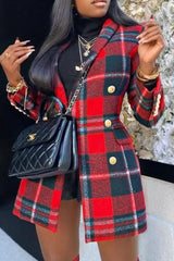 Hnewly - Red Casual Plaid Patchwork Buttons Polo Collar Outerwear Coats Suits