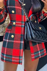 Hnewly - Red Casual Plaid Patchwork Buttons Polo Collar Outerwear Coats Suits