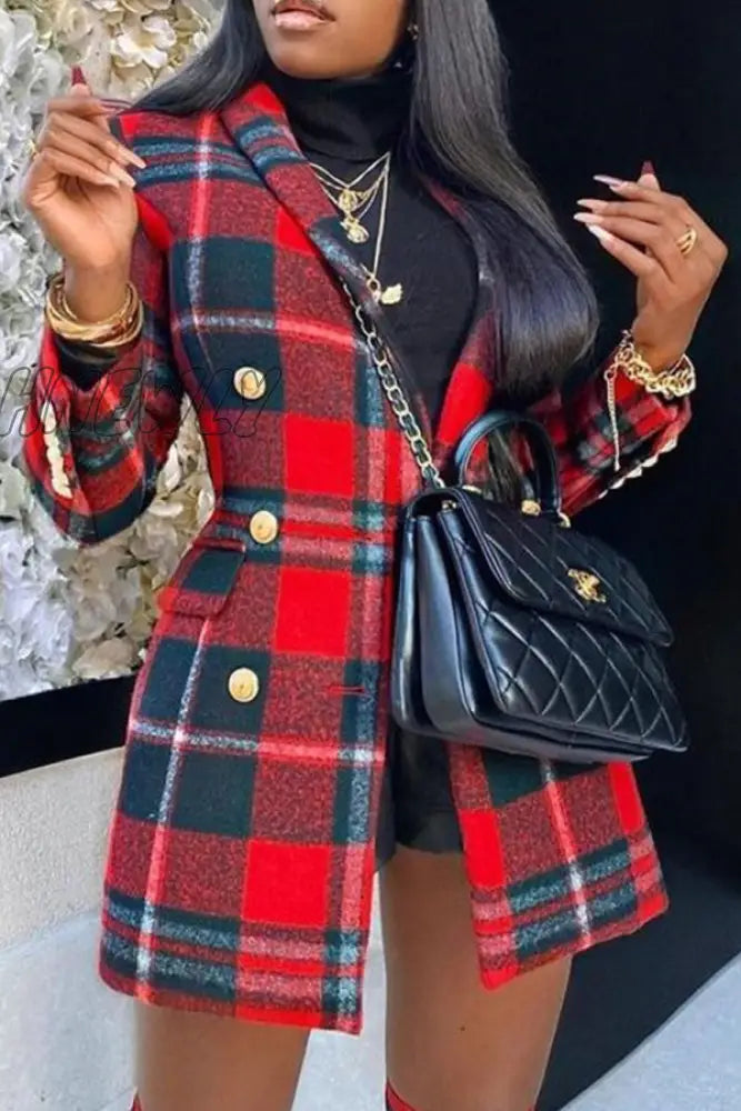 Hnewly - Red Casual Plaid Patchwork Buttons Polo Collar Outerwear Coats Suits