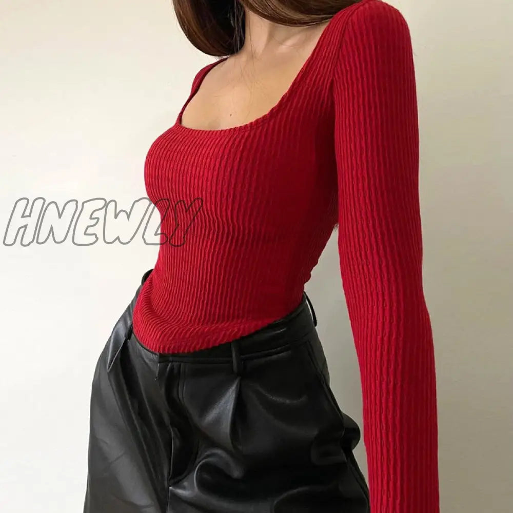 Hnewly Red Crop Top Y2K Aesthetic Women Fairy Grunge Square Collar Long Sleeve Tshirt Solid Color