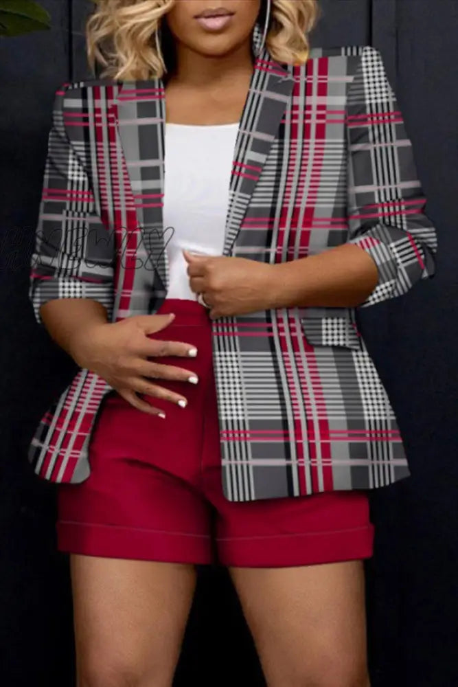 Hnewly - Red Street Plaid Printing Turn-Back Collar Outerwear Coats Suits