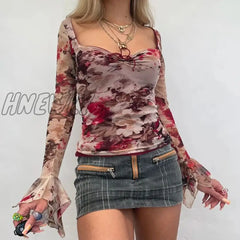 Hnewly Retro Floral Print T-Shirt Elegant Lady Vintage Square Neck Skinny Crop Top Long Sleeve