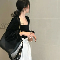 Hnewly Retro Gold Velet Square Collar Puff Long Sleeve Short T Shirt Solid Slim Fit Temperament