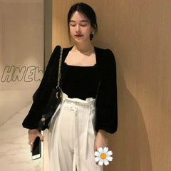 Hnewly Retro Gold Velet Square Collar Puff Long Sleeve Short T Shirt Solid Slim Fit Temperament