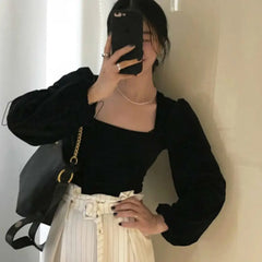 Hnewly Retro Gold Velet Square Collar Puff Long Sleeve Short T Shirt Solid Slim Fit Temperament