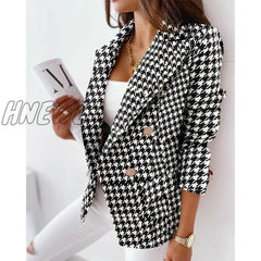 Hnewly Retro Houndstooth Print Blazer Ladies Casual Double Breasted Long Sleeve Blazers Lady