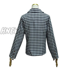 Hnewly Retro Houndstooth Print Blazer Ladies Casual Double Breasted Long Sleeve Blazers Lady