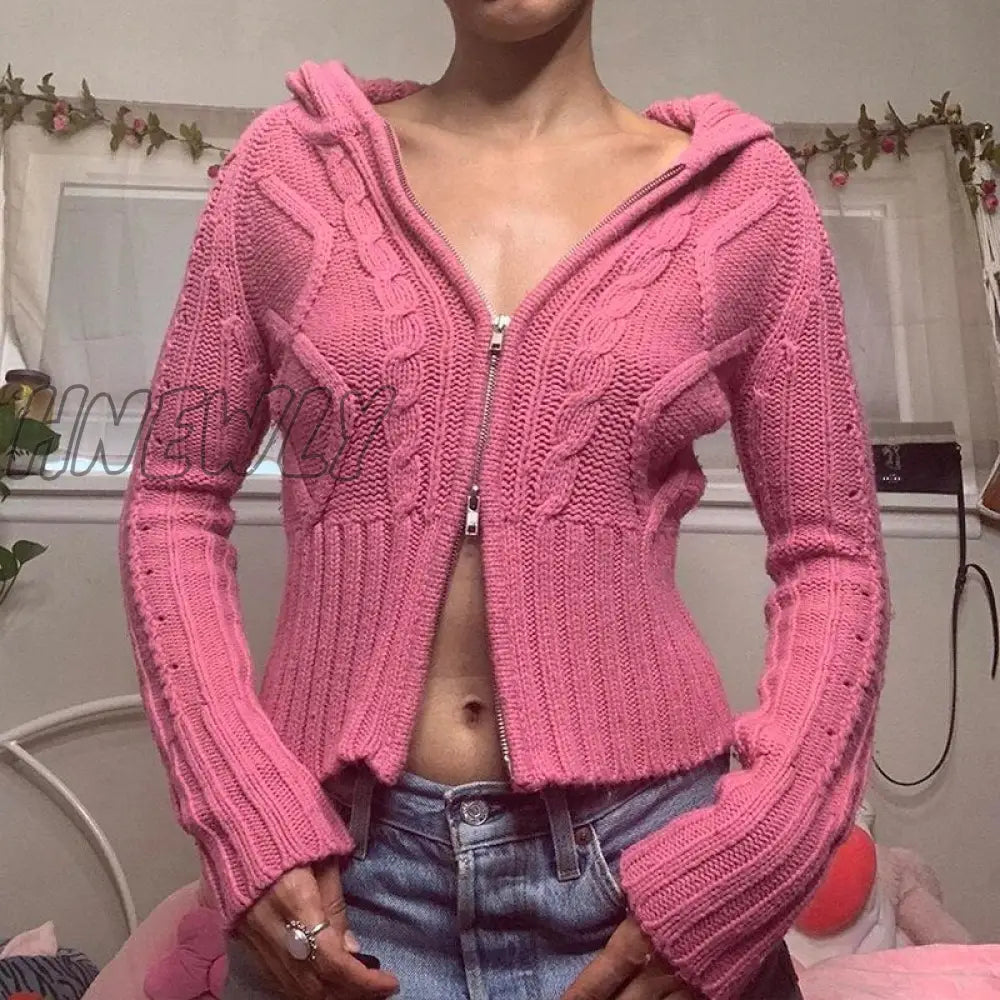 Hnewly Retro Kink Knitted Sweater With Hooded Autumn Spring Long Sleeve Crop Knitwear Y2K