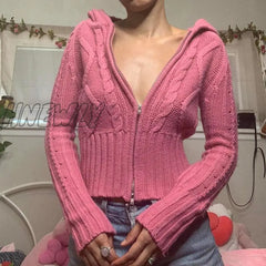 Hnewly Retro Kink Knitted Sweater With Hooded Autumn Spring Long Sleeve Crop Knitwear Y2K