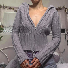 Hnewly Retro Kink Knitted Sweater With Hooded Autumn Spring Long Sleeve Crop Knitwear Y2K
