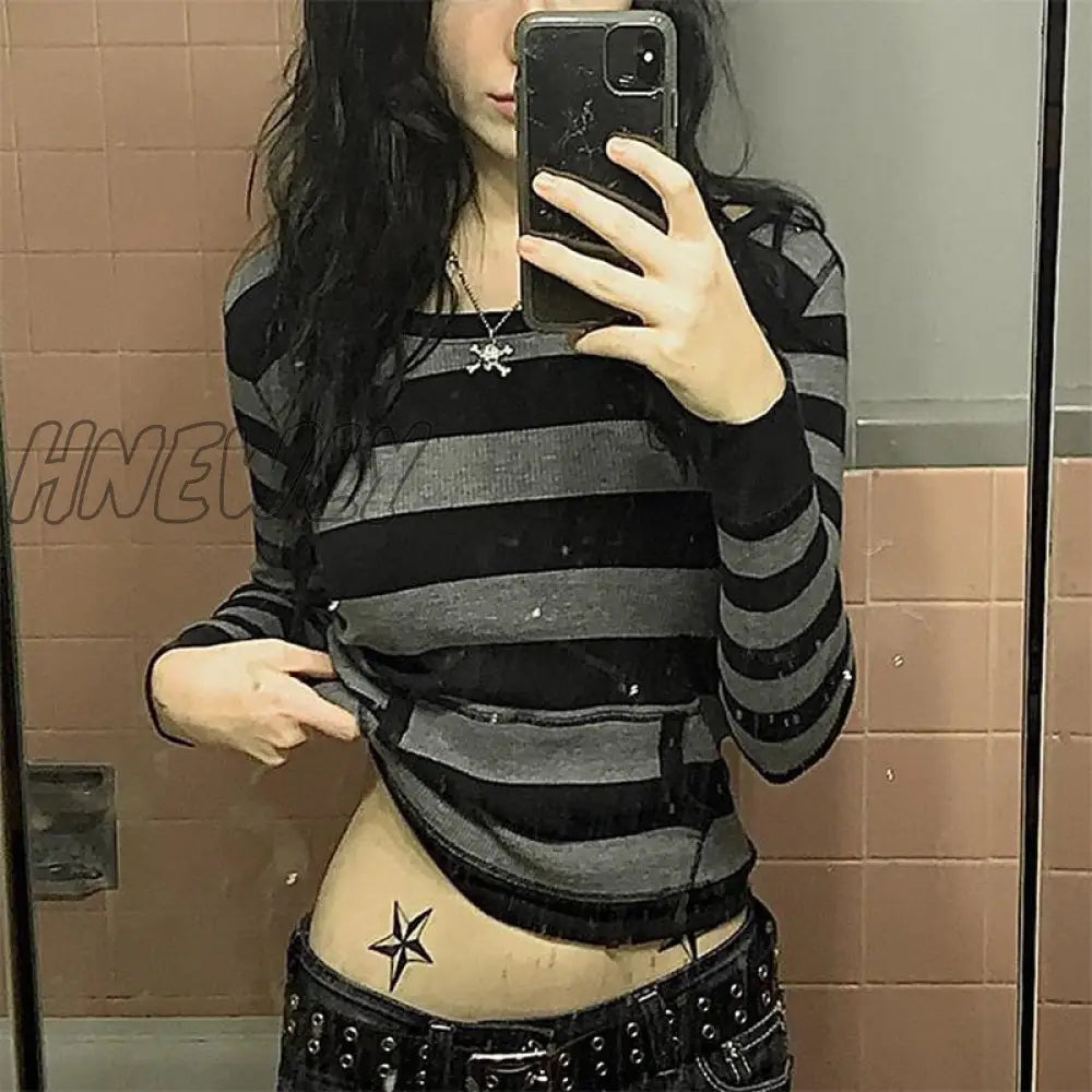 Hnewly Retro Mall Goth Grunge Sweatshirts Women Y2K Striped Print Casual Hoodies Aesthetic 2000S