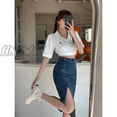 Hnewly Retro Split Denim Half Skirt Women’s Summer Thin Style Mid-Length High Waist Slimming Show