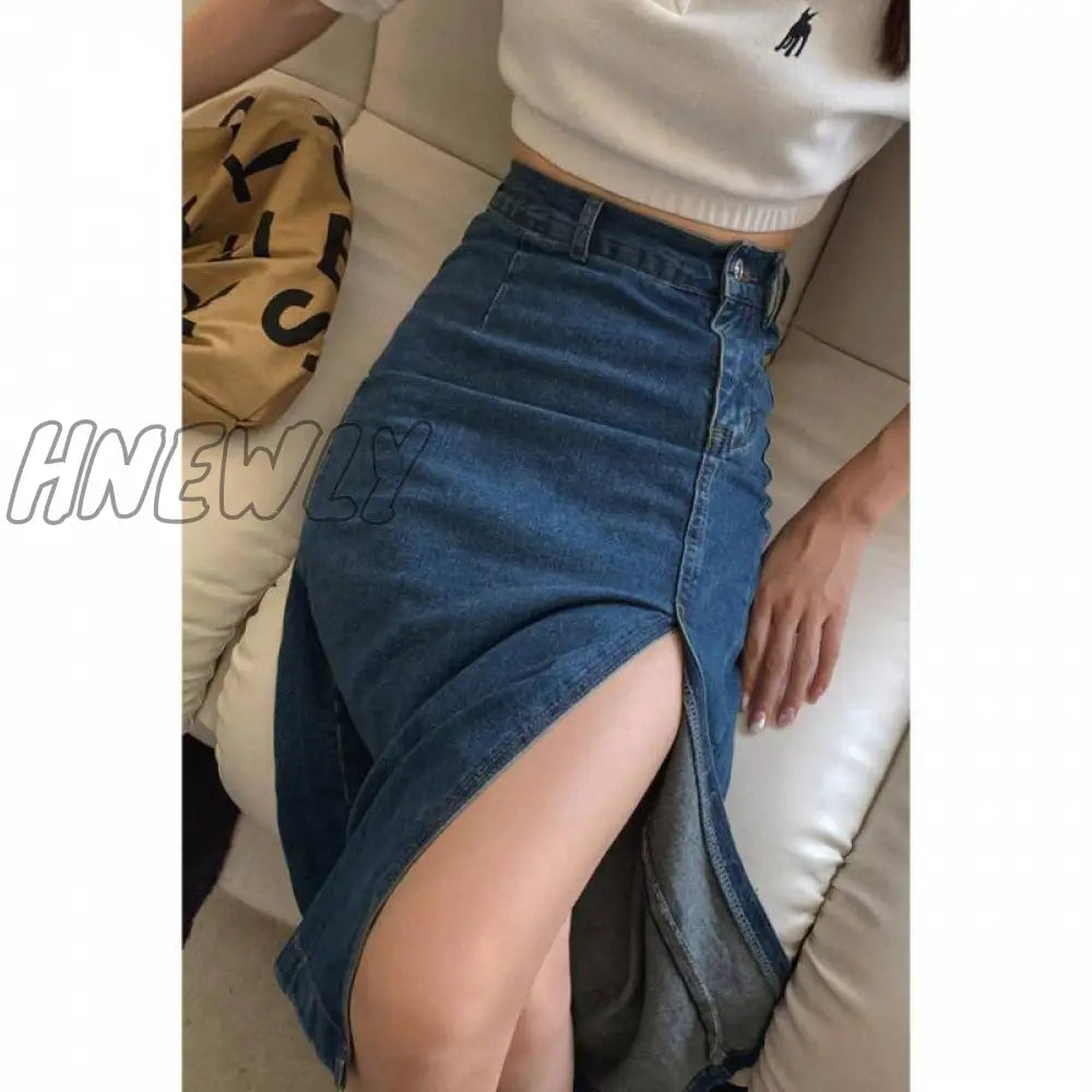 Hnewly Retro Split Denim Half Skirt Women’s Summer Thin Style Mid-Length High Waist Slimming Show