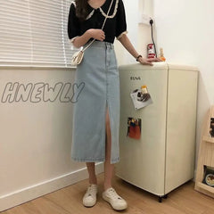 Hnewly Retro Split Denim Half Skirt Women’s Summer Thin Style Mid-Length High Waist Slimming Show
