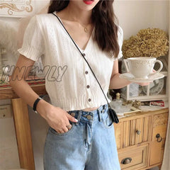 Hnewly Retro Women Knitted Cropped Sweater Tops Summer V Neck Short Sleeve Button Slim Korean
