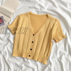 Hnewly Retro Women Knitted Cropped Sweater Tops Summer V Neck Short Sleeve Button Slim Korean