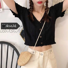 Hnewly Retro Women Knitted Cropped Sweater Tops Summer V Neck Short Sleeve Button Slim Korean