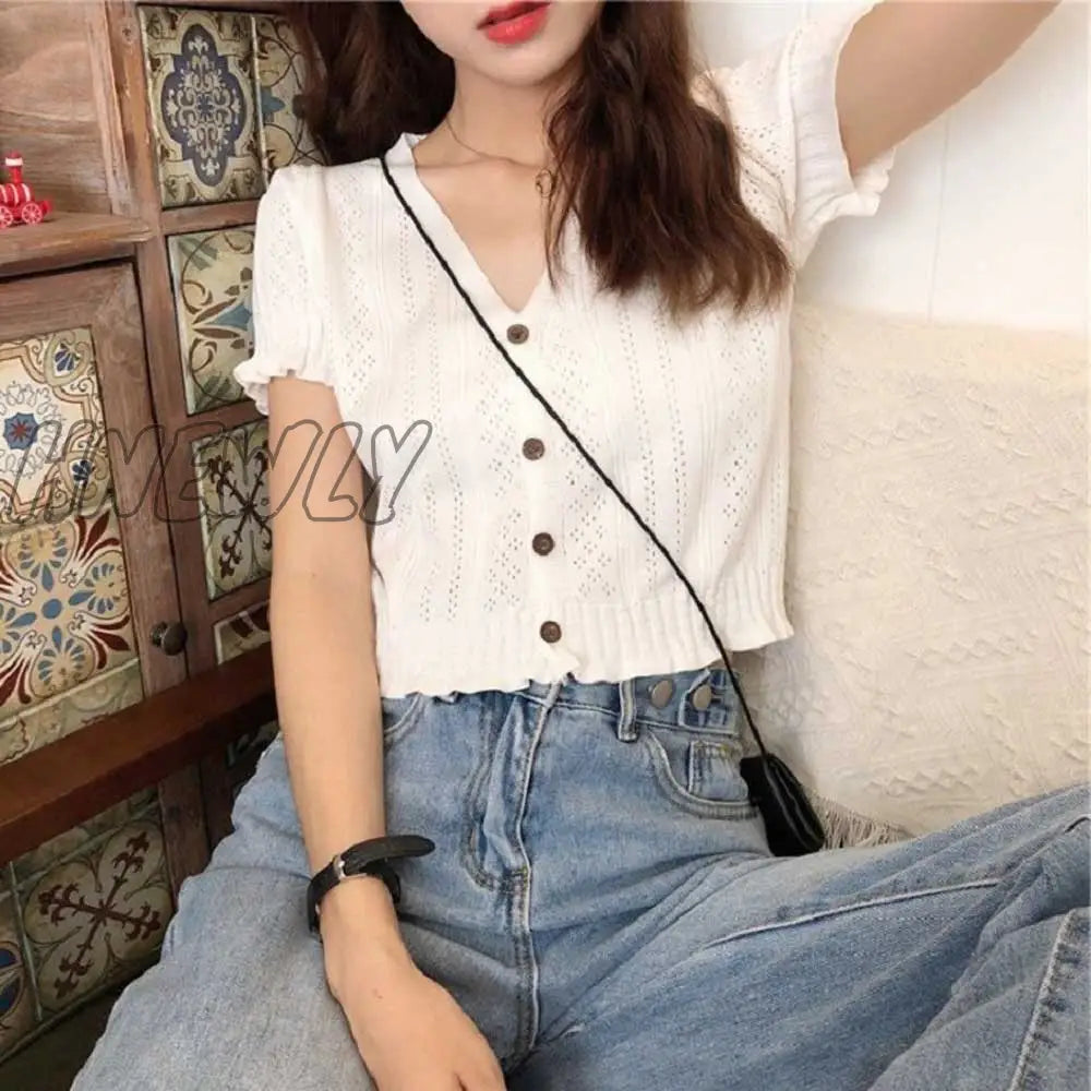 Hnewly Retro Women Knitted Cropped Sweater Tops Summer V Neck Short Sleeve Button Slim Korean