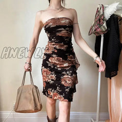 Hnewly Retro Y2K Fairy Grunge Aesthetic Floral Dresses Mesh Vintage Sexy Ruffles Hem Tube Dress