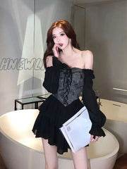 Hnewly Retro Y2K Mini Dress Gothic Slim Fall Casual Long-Sleeved Floral Black Dresses Women Korean