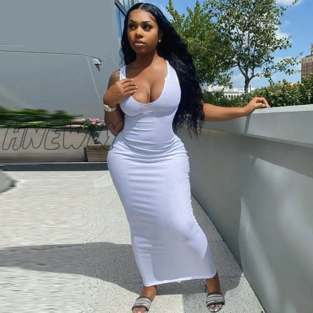 Hnewly Ribbed Knitted Stripe Women Pure Sleeveless Midi Dress V Neck Bodycon Sexy Streetwear Party