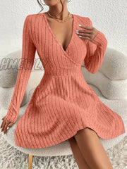 Hnewly Ribbed Solid Midi Dress Elegant V Neck Long Sleeve Women’s Clothing