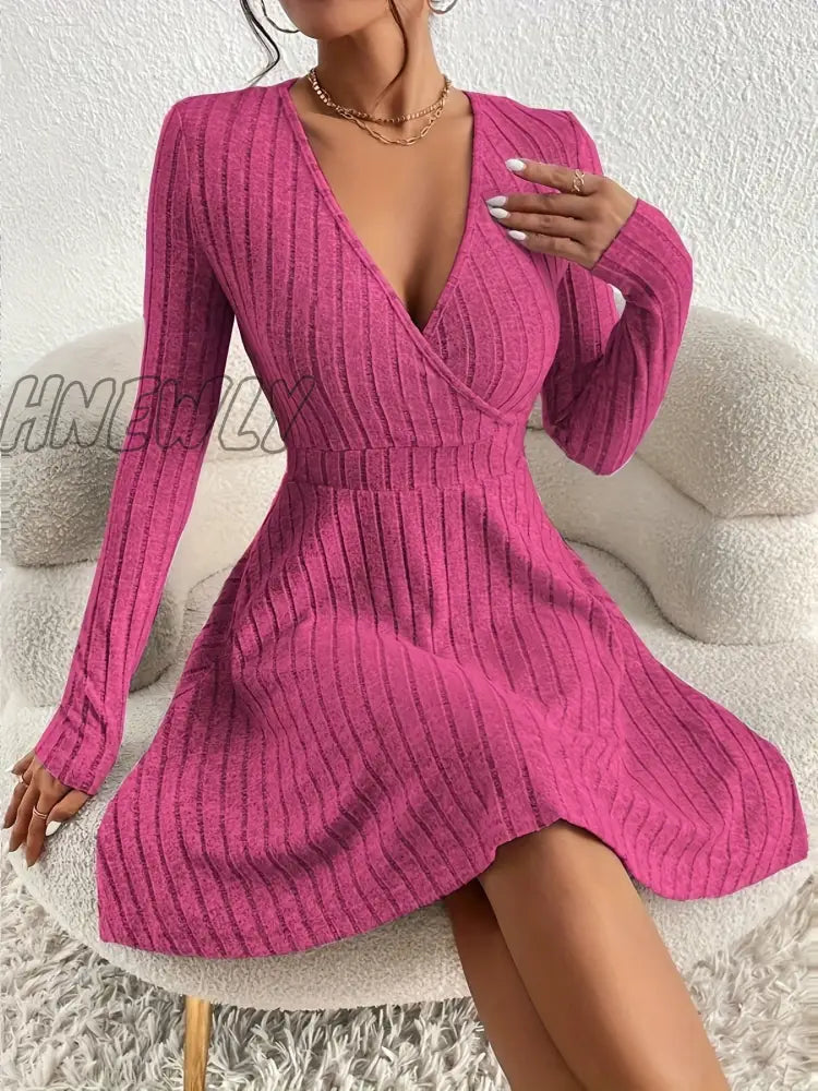 Hnewly Ribbed Solid Midi Dress Elegant V Neck Long Sleeve Women’s Clothing