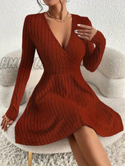 Hnewly Ribbed Solid Midi Dress Elegant V Neck Long Sleeve Women’s Clothing