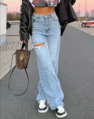 Hnewly Ripped Jeans Women Summer Baggy Casual High Waist Hole Denim Trousers Y2K Streetwear Loose