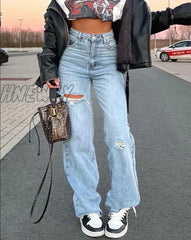 Hnewly Ripped Jeans Women Summer Baggy Casual High Waist Hole Denim Trousers Y2K Streetwear Loose
