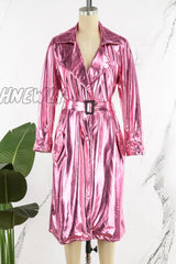 Hnewly - Rose Red Casual Solid Cardigan Turndown Collar Outerwear Coats