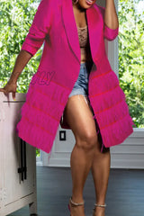 Hnewly - Rose Red Casual Solid Patchwork Buttons Turndown Collar Outerwear / S Coats Coats &