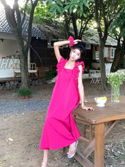 Hnewly - Rose Red Casual Sweet Daily Simplicity Fold Solid Color Dresses Pre Order Dress